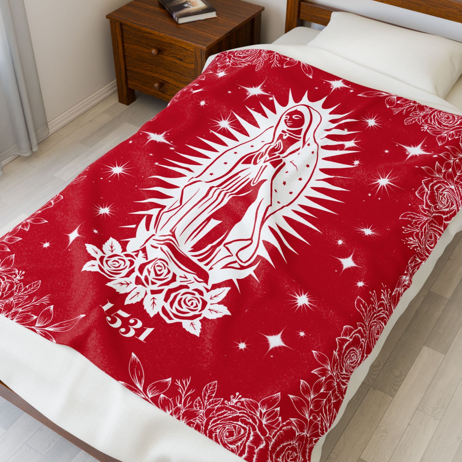 Our Lady of Guadalupe Flowers Plush Fleece Throw Red Blanket - Image 2