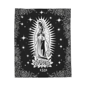 Our Lady of Guadalupe Flowers Plush Fleece Throw Black Blanket