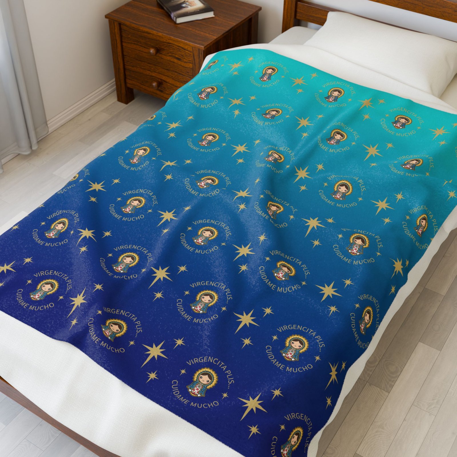 Guadalupe Girl Cartoon Virgencita Plis Cuidame Mucho with Eight Pointed Stars Fleece Blanket - Image 2