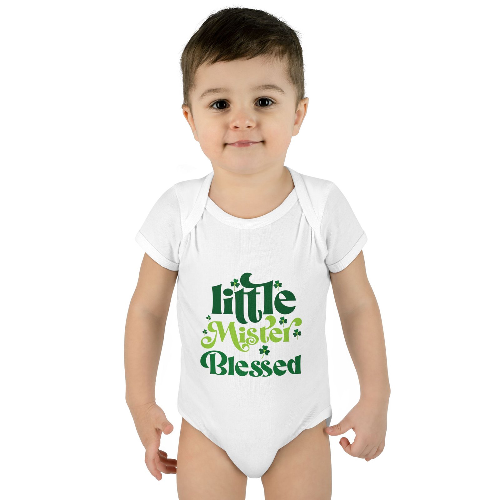 Little Mr Blessed Shamrock Clover St Patrick Infant Onesie - Image 5