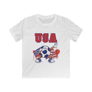 Kids Youth USA Soccer T‑Shirt — Patriotic American Flag Dabbing Soccer Ball Tee for Boys & Girls
