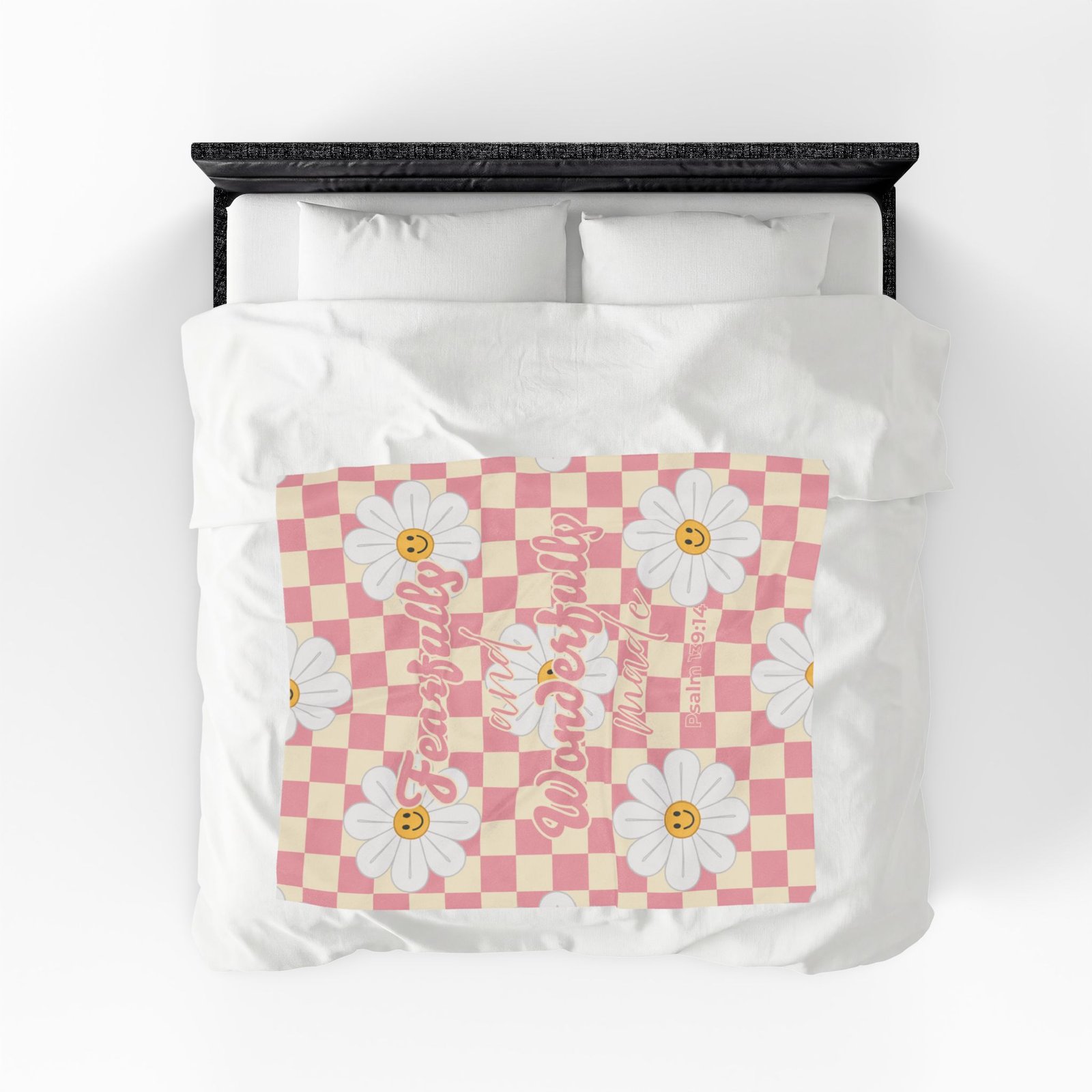 Fearfully and Wonderfully Made Psalm 139:14 Checkered Pink Beige Happy Face Daisy Flowers Soft Plush Throw Blanket - Image 4