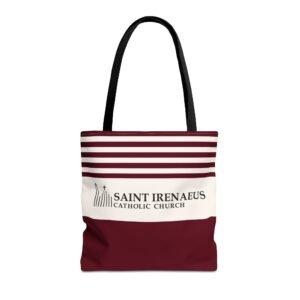 St Irenaeus Catholic Church Logo 16x16 Stripes Burgundy Tote Bag