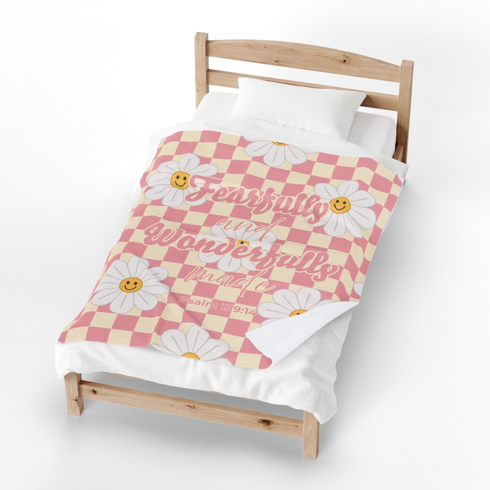 Fearfully and Wonderfully Made Psalm 139:14 Checkered Pink Beige Happy Face Daisy Flowers Soft Plush Throw Blanket - Image 3