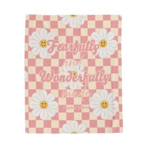 Fearfully and Wonderfully Made Psalm 139:14 Checkered Pink Beige Happy Face Daisy Flowers Soft Plush Throw Blanket