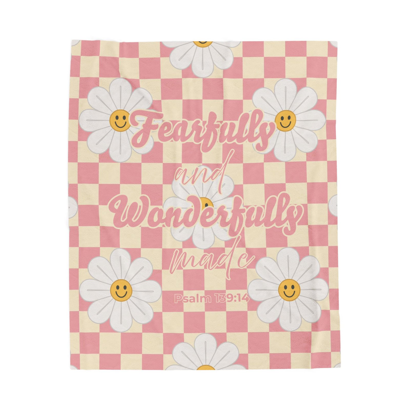 Fearfully and Wonderfully Made Psalm 139:14 Checkered Pink Beige Happy Face Daisy Flowers Soft Plush Throw Blanket