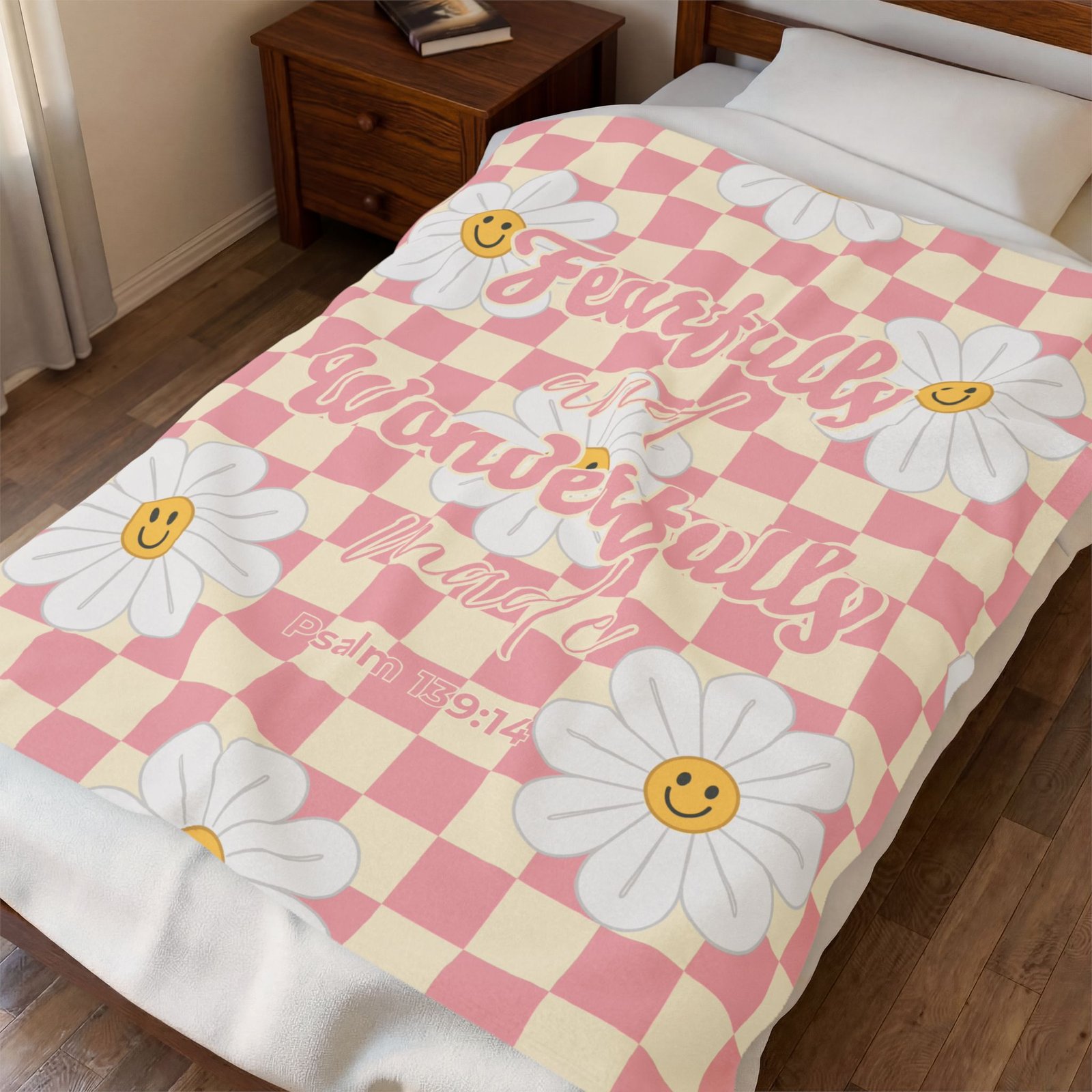 Fearfully and Wonderfully Made Psalm 139:14 Checkered Pink Beige Happy Face Daisy Flowers Soft Plush Throw Blanket - Image 2
