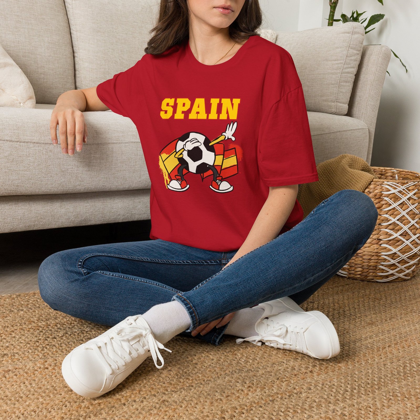 Spain Flag National Theme Soccer Ball Cartoon Dabbing ADULT T-Shirt - Image 2