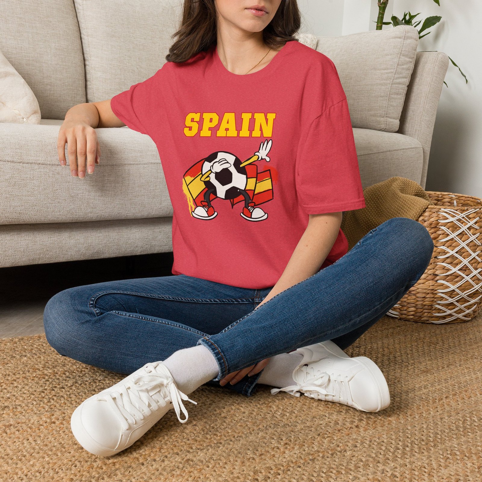 Spain Flag National Theme Soccer Ball Cartoon Dabbing ADULT T-Shirt - Image 7