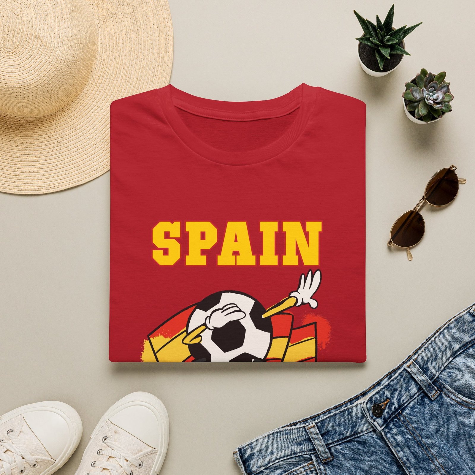 Spain Flag National Theme Soccer Ball Cartoon Dabbing ADULT T-Shirt - Image 3