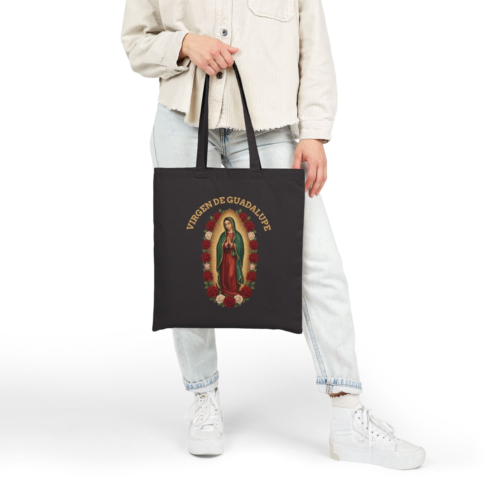 Virgen de Guadalupe Red Roses Arch Cotton Canvas Tote Bag - Image 3