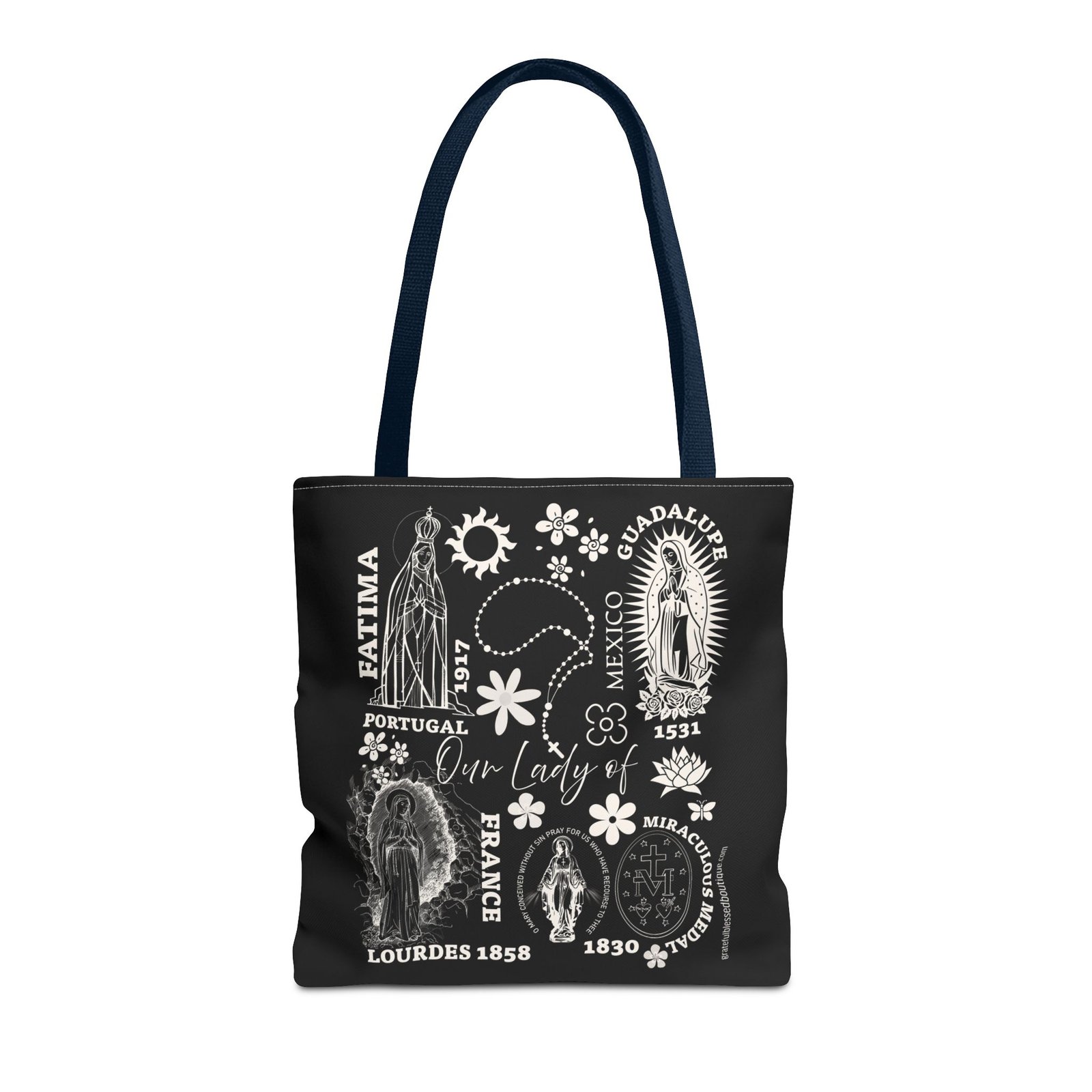 Marian Apparitions Fatima-Guadalupe-Lourdes-Miraculous Medal 16x16 Tote Bag - BLACK