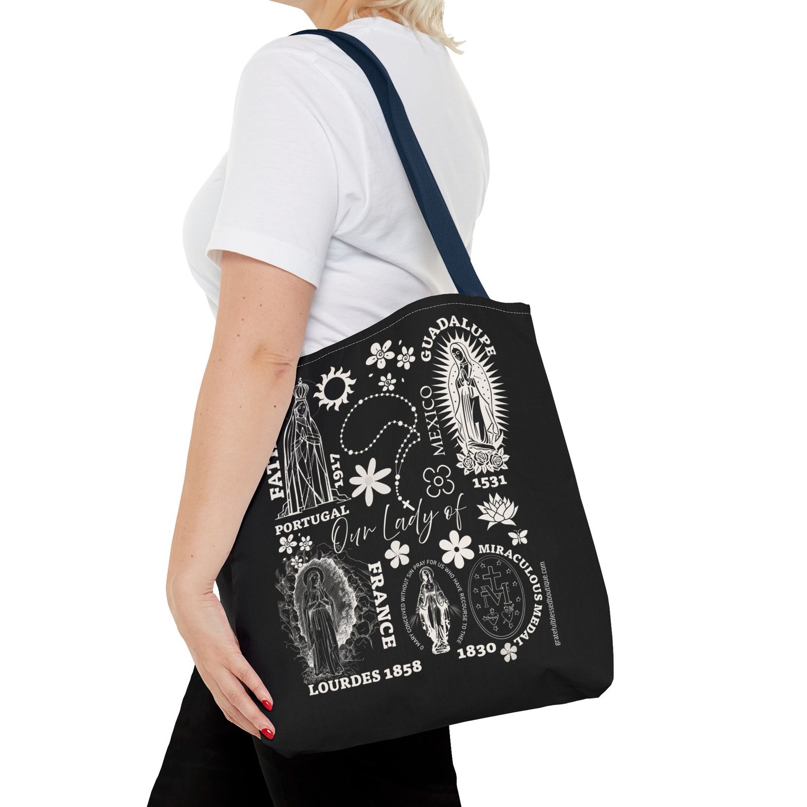 Marian Apparitions Fatima-Guadalupe-Lourdes-Miraculous Medal 16x16 Tote Bag - BLACK - Image 2