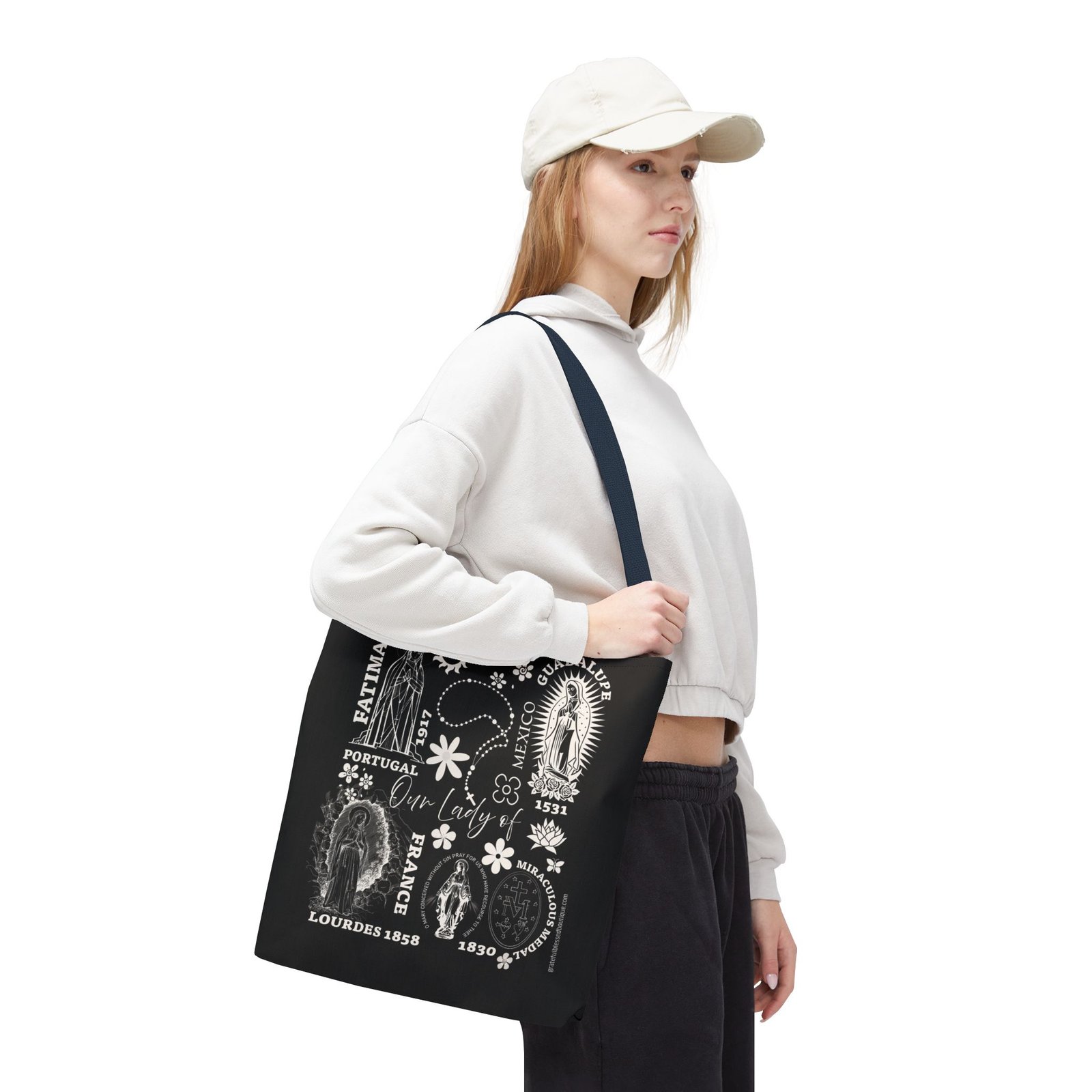 Marian Apparitions Fatima-Guadalupe-Lourdes-Miraculous Medal 16x16 Tote Bag - BLACK - Image 3